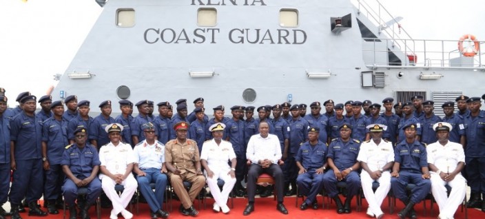 His Excellency Hon. Uhuru Kenyatta the President and Commander-in -Chief of the the Kenya Defence Forces at the officiall launch of the Kenya Coast Guard Service (KCGS) in 2018