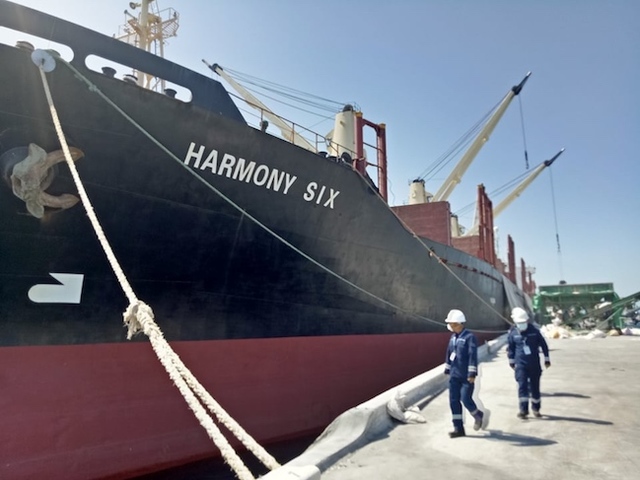 DETAINED. The 'MV Harmony 6' is held at the anchorage area of Poro Point in La Union after its captain allegedly lied about their date of departure from China. Photo from Philippine Coast Guard